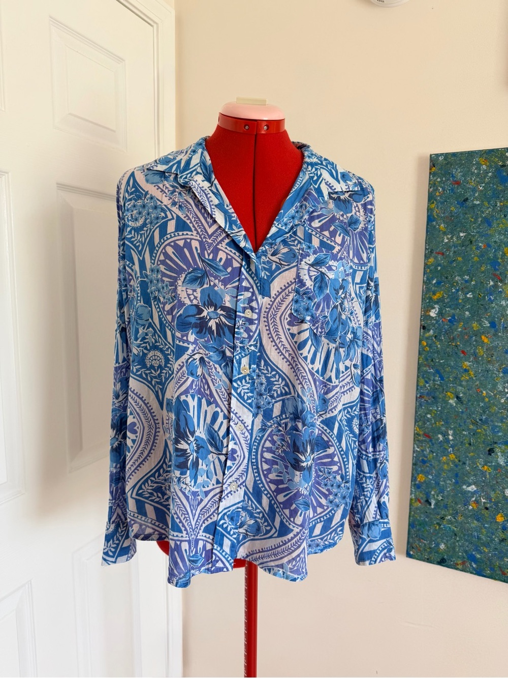Calypso St Barth Floral Cotton Resort Blouse Coastal Button Front Top M-S